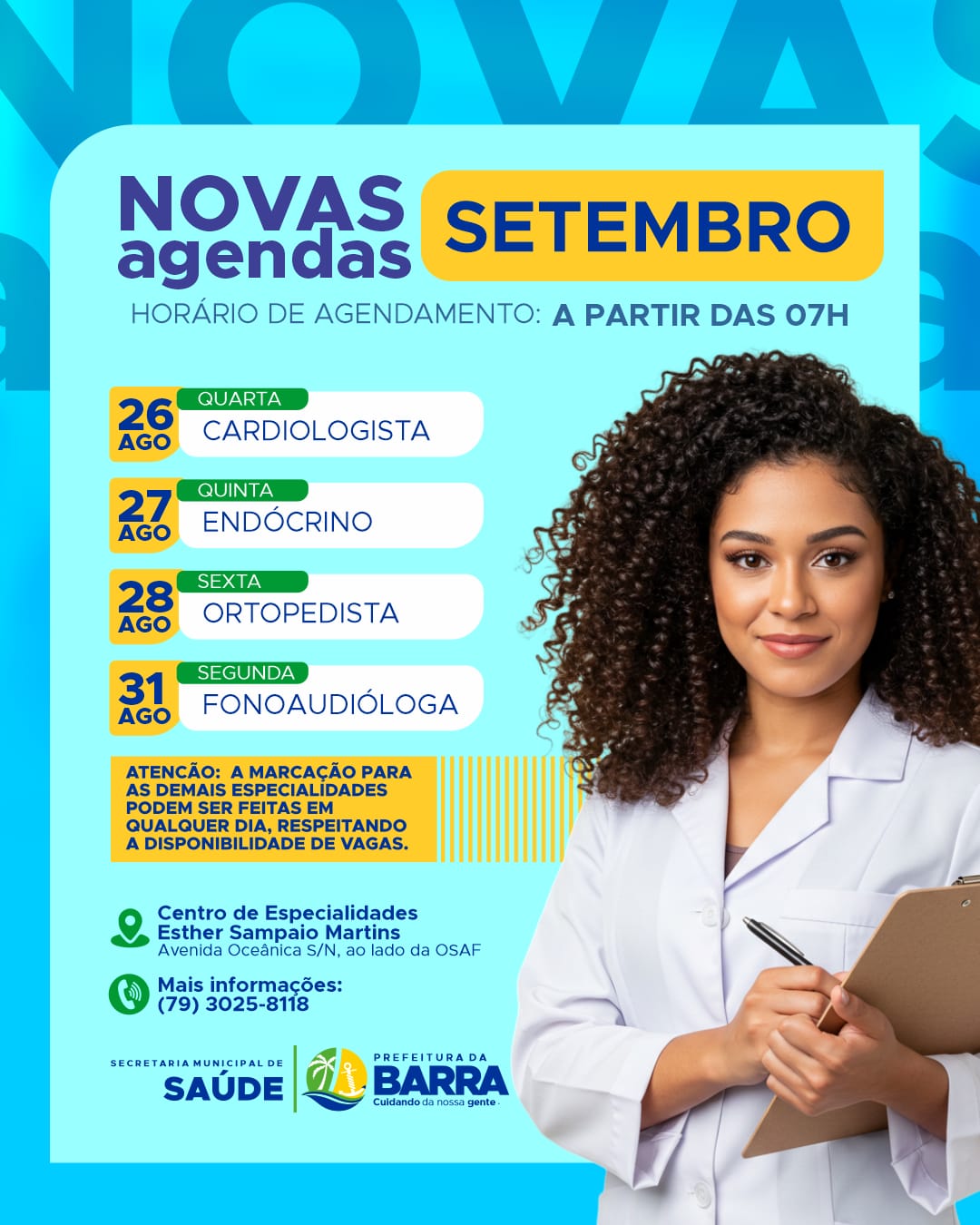 Secretaria de Saúde divulga calendário de agendamento de consultas especializadas para setembro